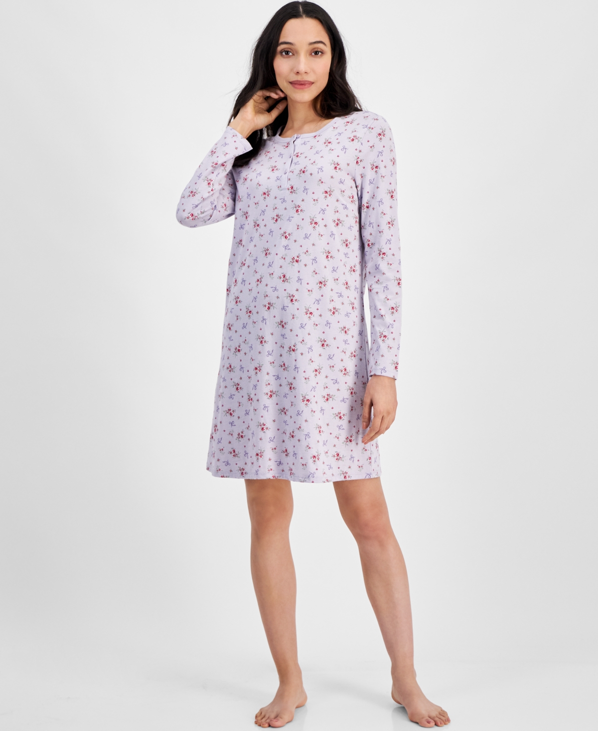 CHARTER CLUB WOMEN'S COTTON PRINTED LONG SLEEVE HENLEY SLEEPSHIRT, CREATED FOR MACY'S 
