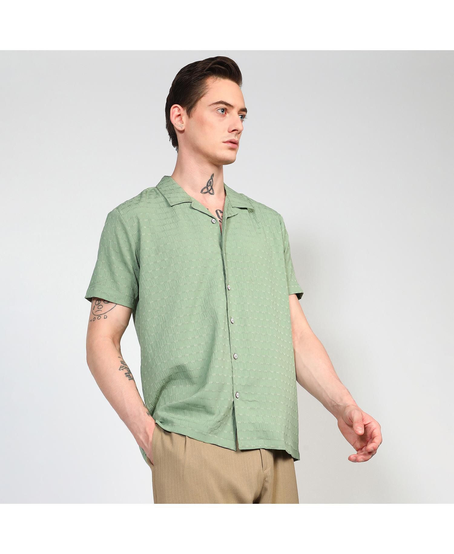 Men's Pistachio Green Embroidered Creased Shirt