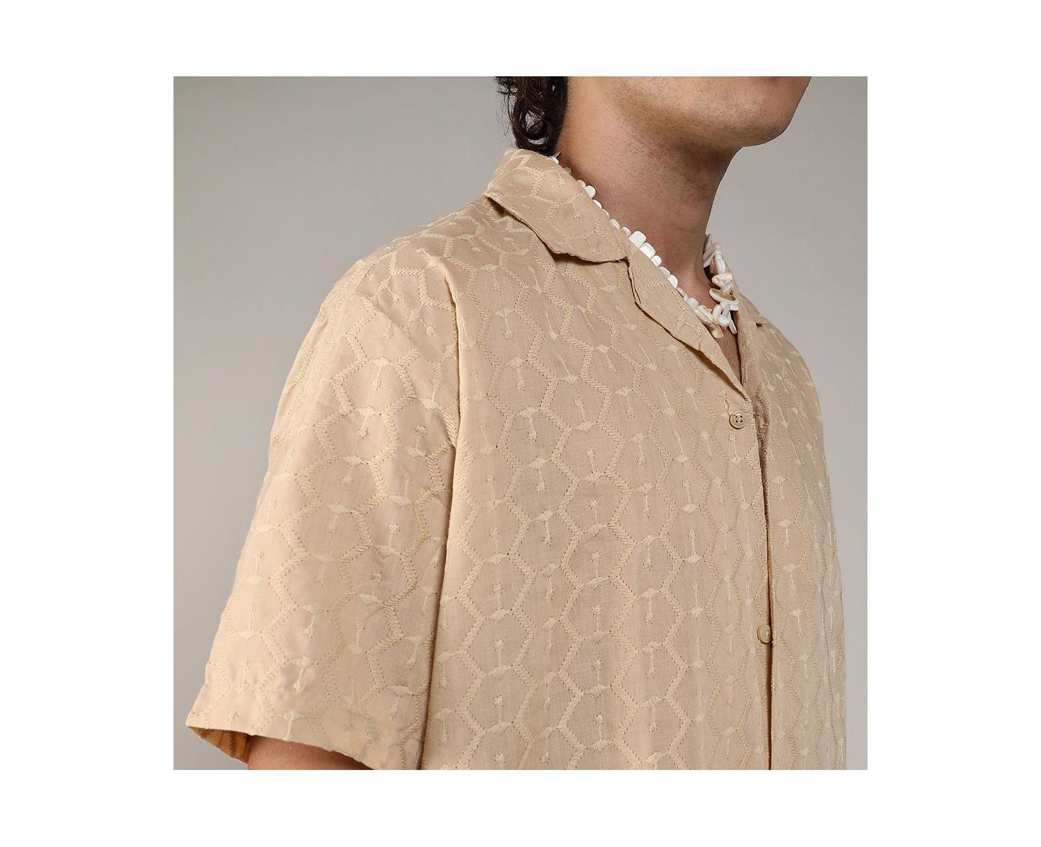 Men's Beige Embroidered Geometric Shirt