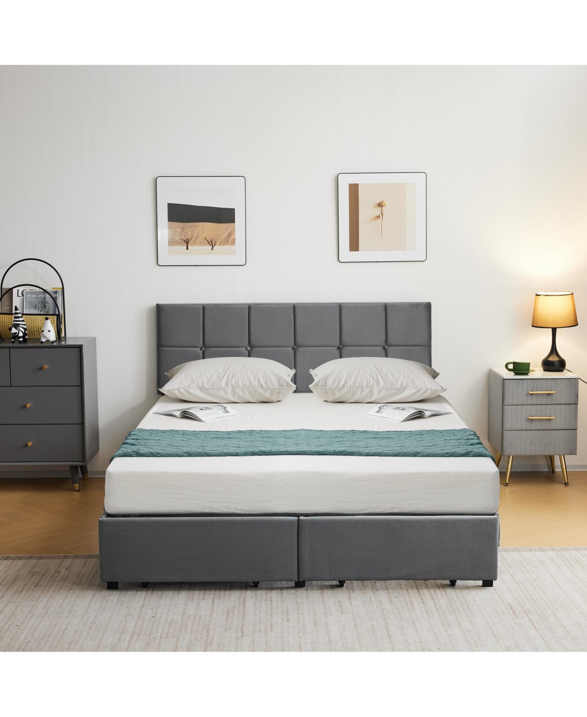 Slickblue Full Size Velvet Upholstered Platform Bed with Storage Drawers for Elegant Bedroom Organization