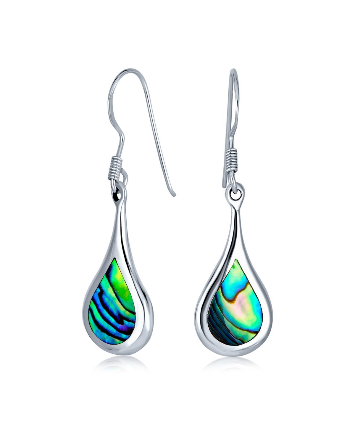 Boho Rainbow Iridescent Abalone Shell Inlay Oval Shaped Long Teardrop Dangle Earrings .925 Sterling Silver Lever Back - Silver a