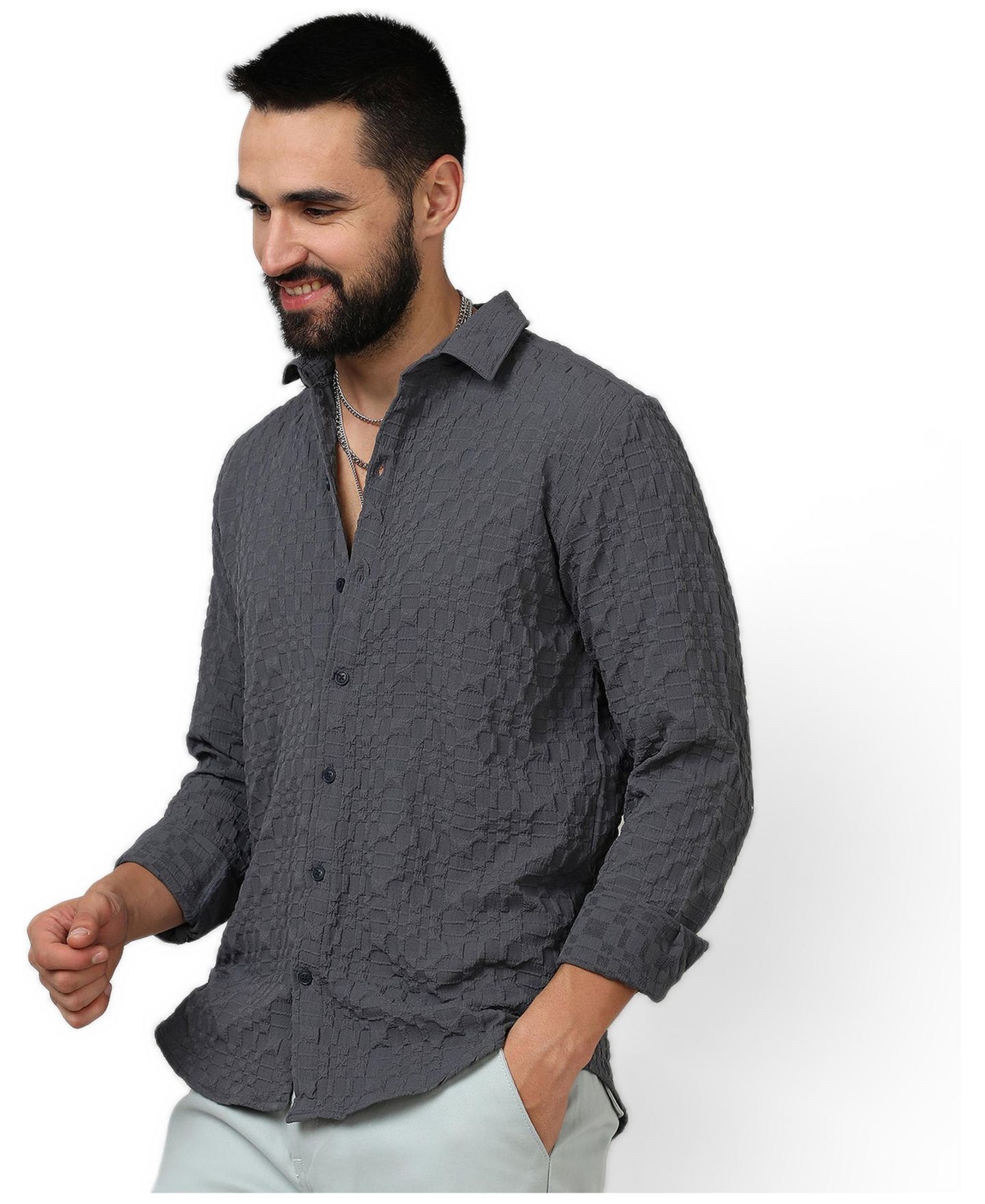 Мужская рубашка Cahoot Campus Sutra Charcoal Grey Embossed Geometric, цвет: Серый — фото 3