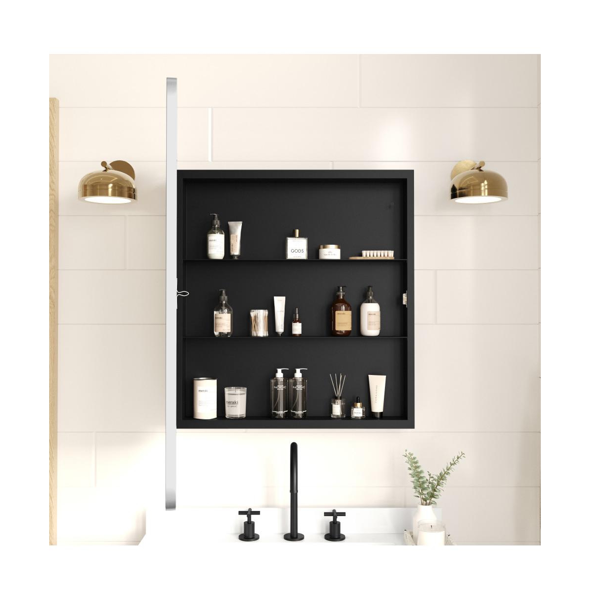Merrick Lane Glover Reversible Bathroom Wall Medicine Cabinet With Rounded Rectangular Beveled Mirror And Metal Frame And Shelves