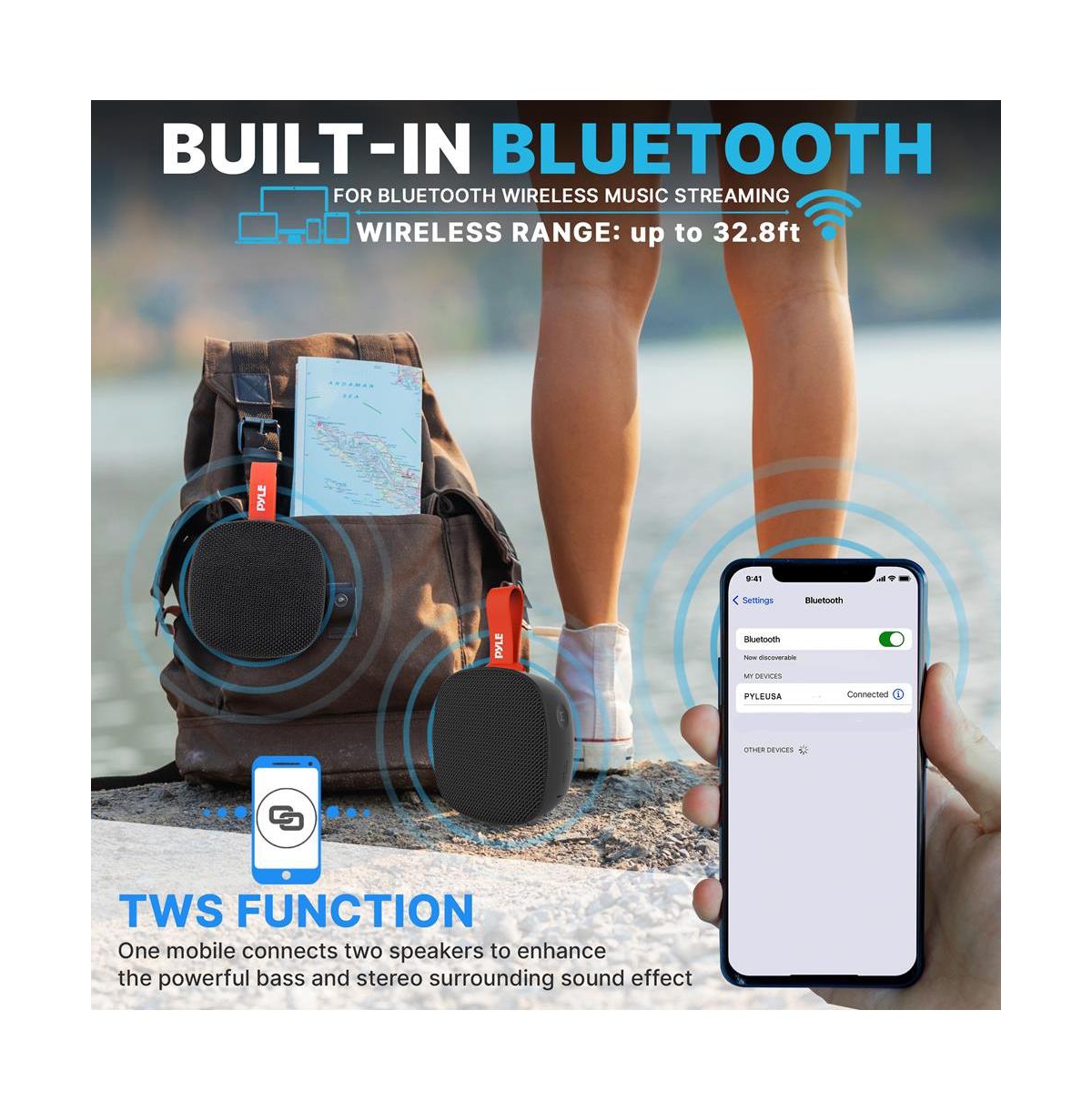 Pyle Portable Wireless Bluetooth Streaming Mini Speaker With Built-in Microphone,- Black
