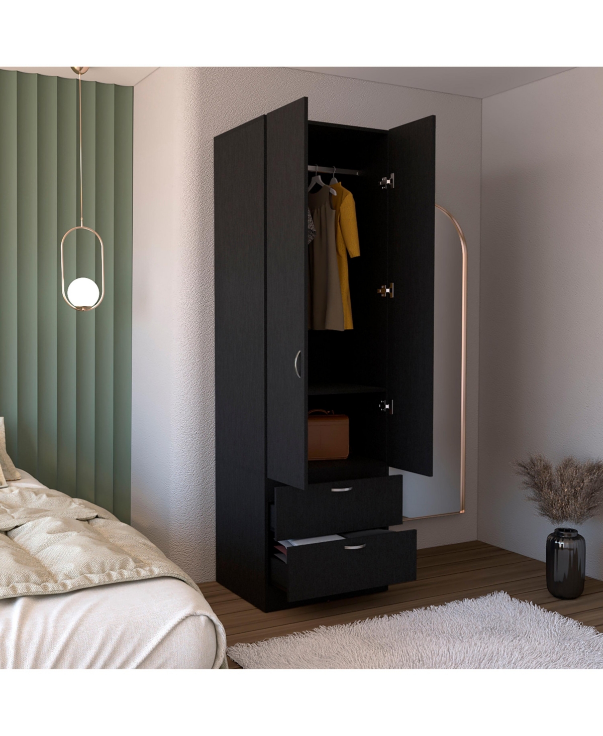 Vicco Armoire Wardrove 76" H, Hanging Rod, 2 Drawers, 1 Shelf