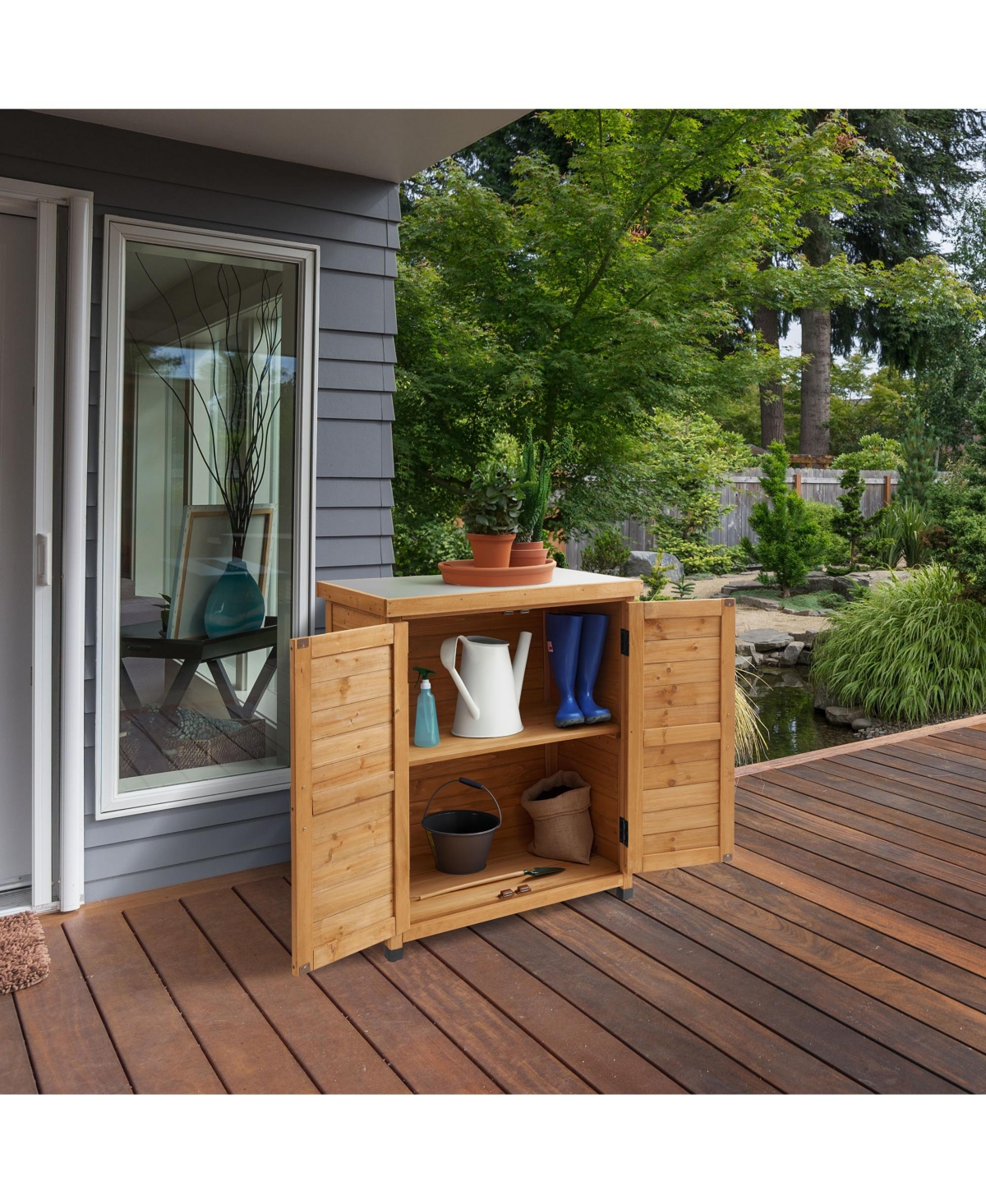 Outdoor Storage Cabinet and Potting Bench with Metal Tabletop and Storage Cabinet - Wooden Outdoor Garden Patio Workstation Table, Natural