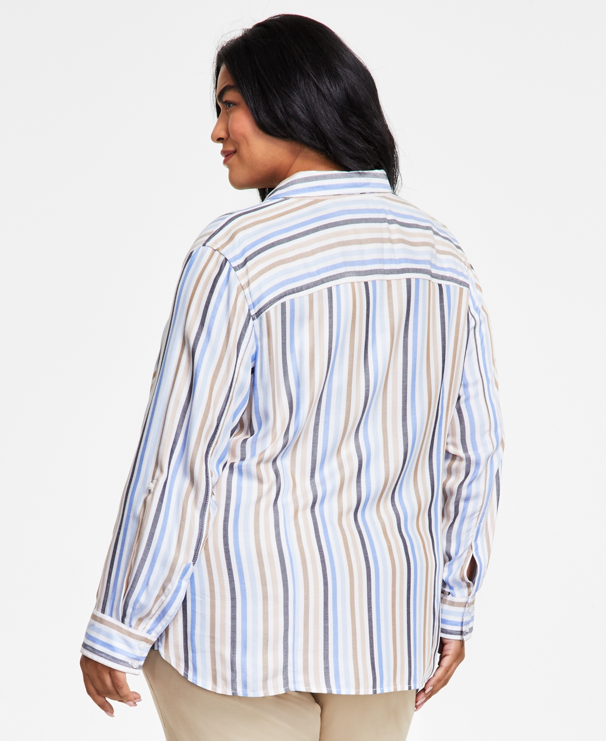 Tommy Hilfiger Plus Size Striped Roll-tab Shirt In Sky Captain Multi