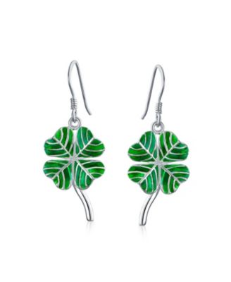 Green Enamel Shamrock Lucky Four Leaf Clover Irish Celtic Dangling Earrings .925 Sterling Silver Fish Wire