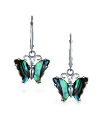 Garden Insect Carved Rainbow Iridescent Abalone Butterfly Lever back Drop Earrings .925 Sterling Silver