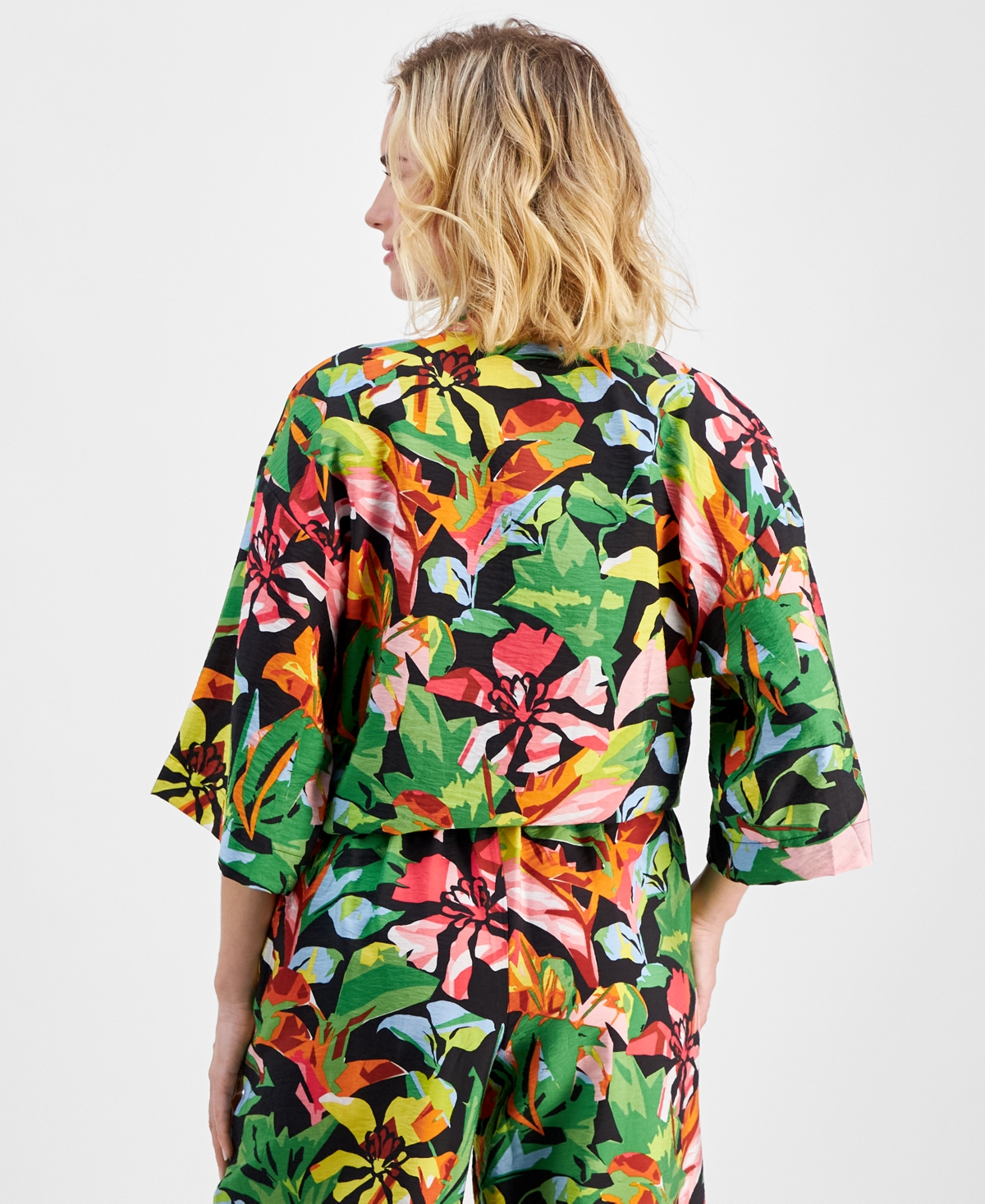 Inc International Concepts Petite Floral-print Tie-hem Top, Created For Macy's In Kylie Garden