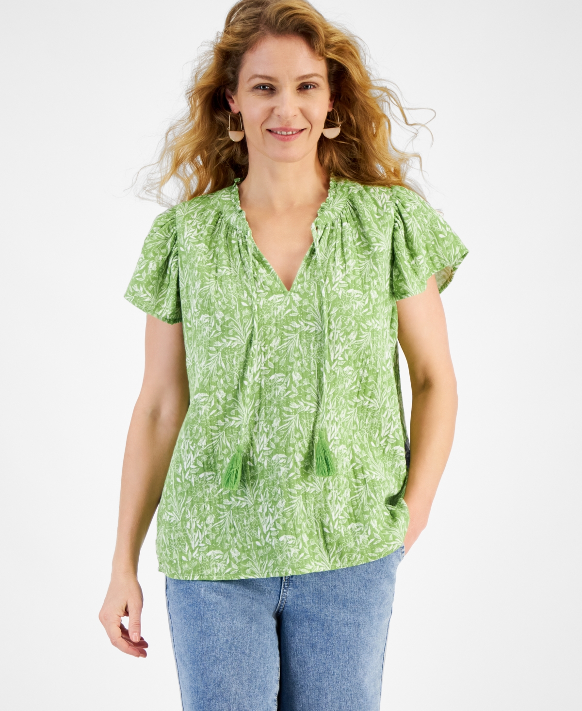 Style & Co Women's Cotton Printed Flutter-Sleeve Top, Created for Macy's