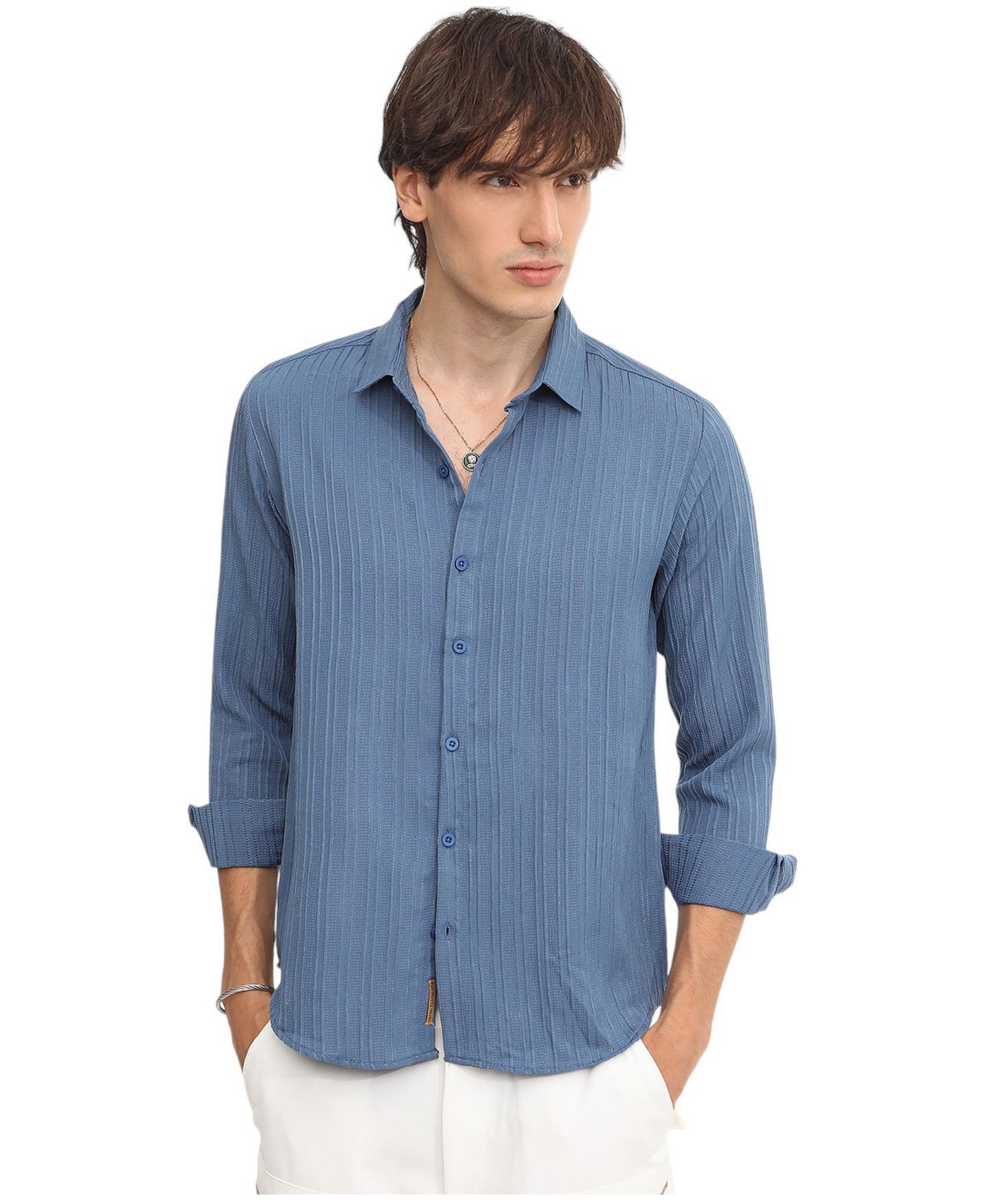 Мужская рубашка Cahoot Campus Sutra Lapis Blue Self-Design Striped, цвет: Синий — фото 1