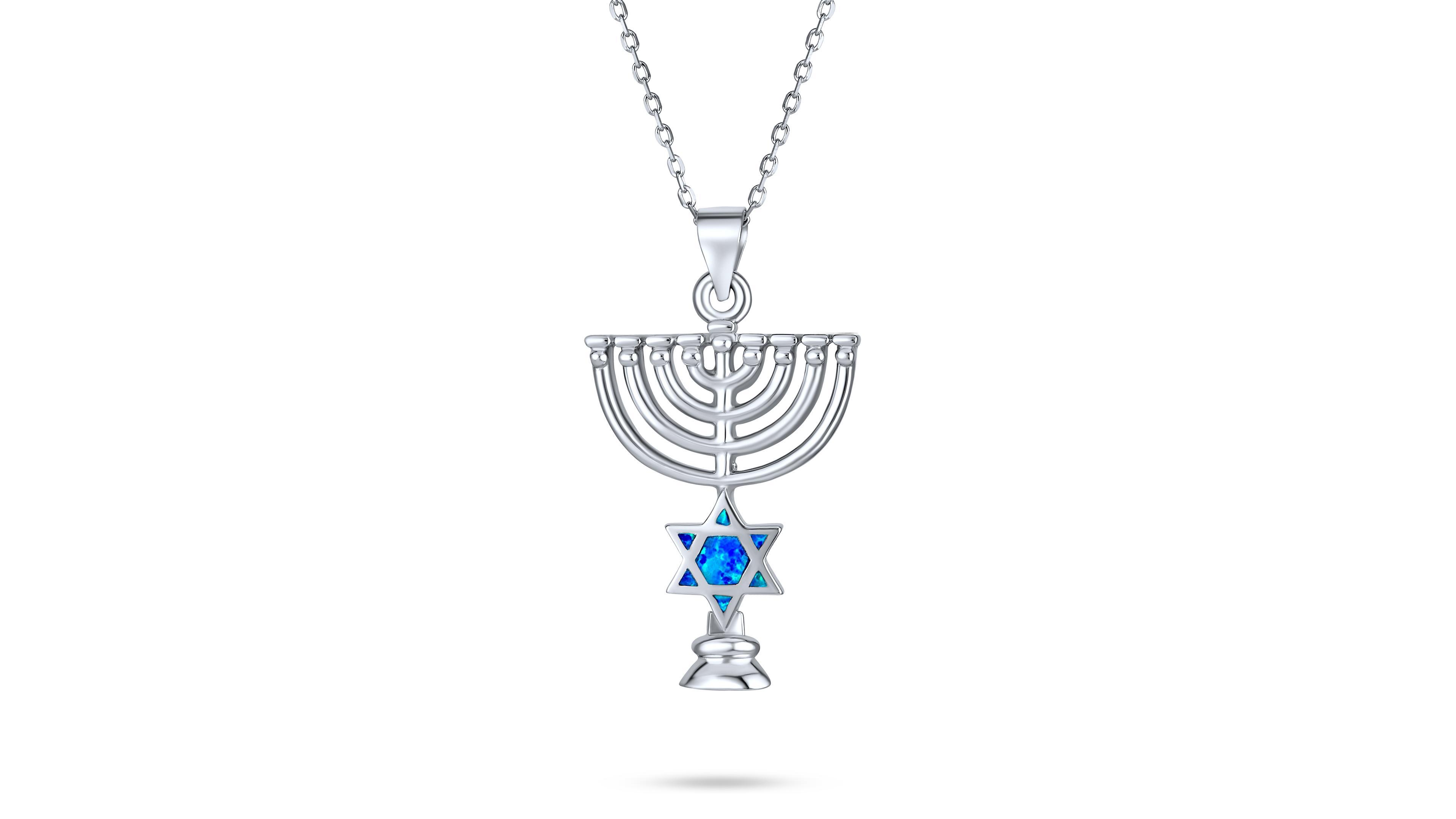 Bling Jewelry Created Blue Opal Religious Judaica Hanukkah Menorah Star Of David Pendant Necklace Bat Mitzvah Silver