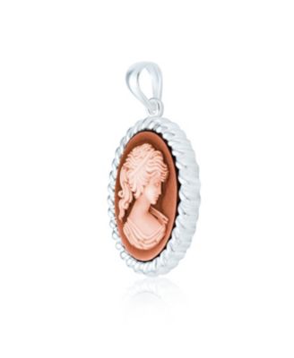 Classic Antique Style Red Blue Black White Carved Oval Framed Victorian Lady Portrait Cameo Pendant Brooch Necklace .925 Sterling Silver