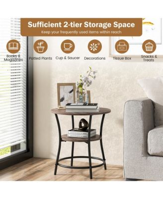 2-Tier Side Table Compact Round Metal Frame Coffee Table w/ Open Shelf Brown