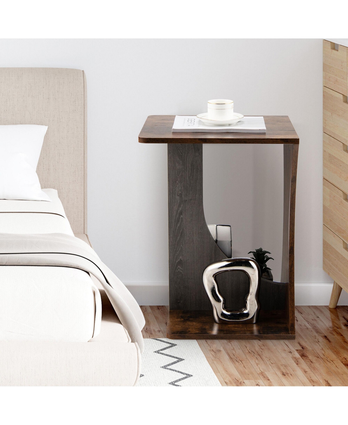 Gymax Side Table 2 Tier Sofa Couch Table Compact C-shape End Table Snack Coffee Table