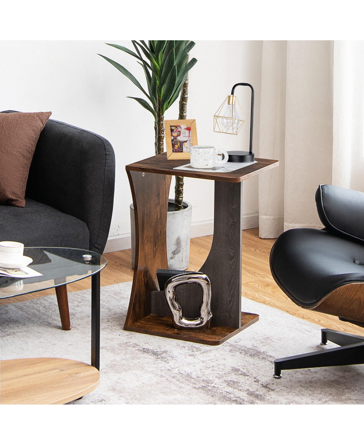 Gymax Side Table 2 Tier Sofa Couch Table Compact C-shape End Table Snack Coffee Table - Retro color + dark grey