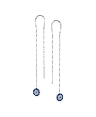 Blue Nazar Evil Eye Cubic Zirconia Pave CZ Spiritual Thin Chain Threader Earrings .925 Sterling Silver