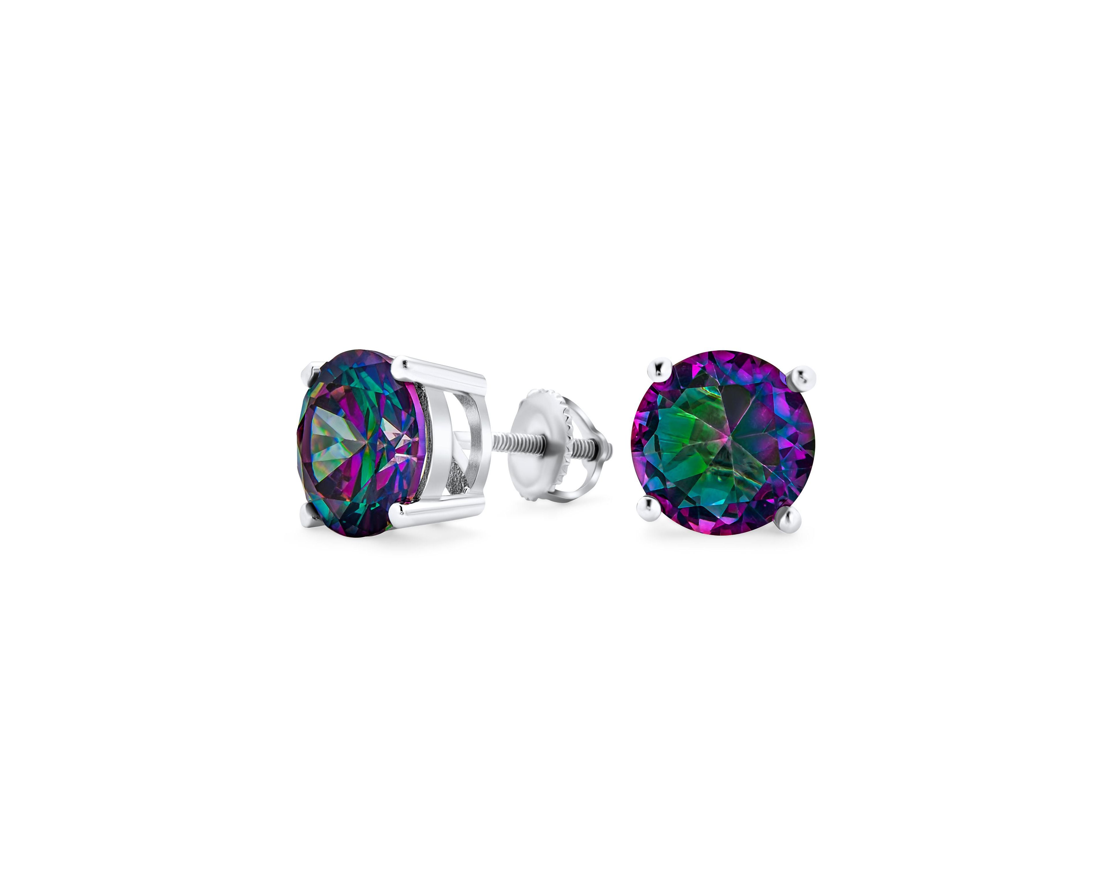 Bling Jewelry 4ct Round Black Mystic Rainbow Cubic Zirconia Solitaire Cz Stud Earrings For Women .925 Sterling Silver Screw Back 10mm