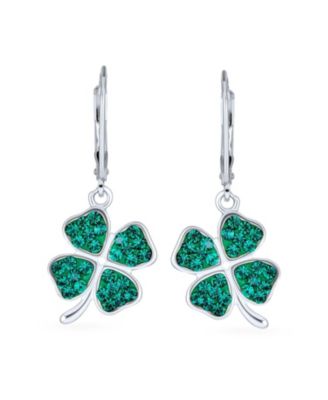 Celtic Irish Good Luck Sparkling Green Crystal Clover Shamrock Dangle Earrings Charm .925 Sterling Silver Lever back
