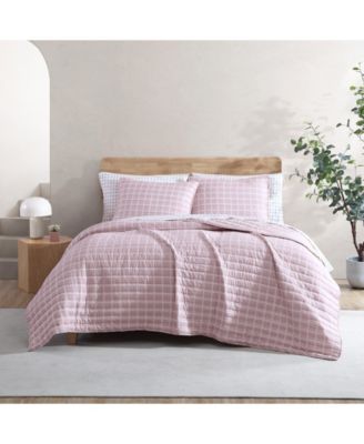 Woven Grid Microfiber Pink 3 Piece Quilt Set-Full/Queen