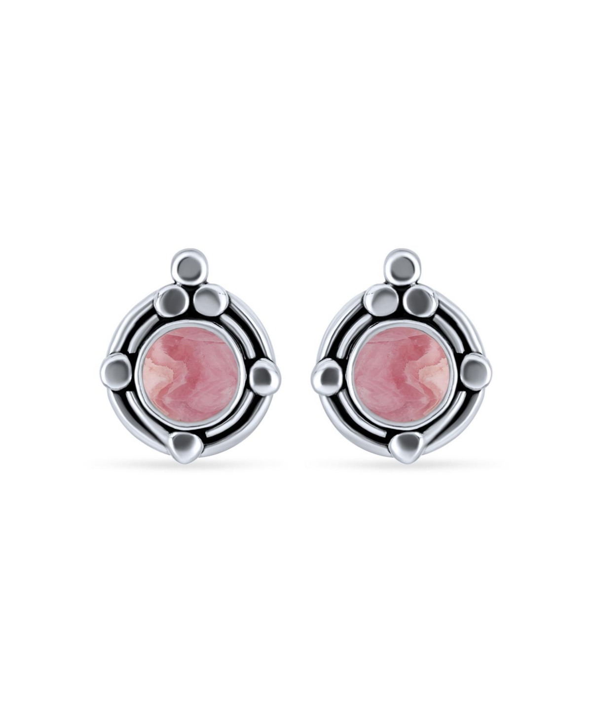 Bling Jewelry Bezel Set NaturalOrnate Round Stud Earrings For Women .925 Sterling Silver - Pink rhodochrosite
