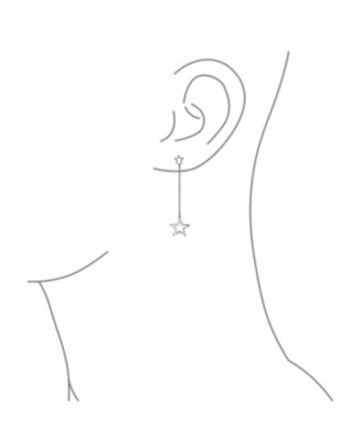 Celestial American Patriotic USA Rock Star Chain Long Linear Dangle Open Star Earrings .925 Sterling Silver 2.5 Inch