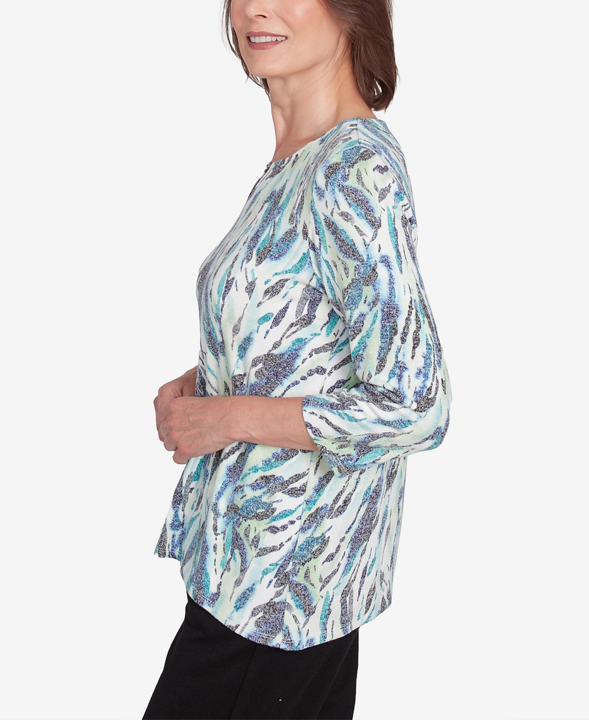 Alfred Dunner Plus Size French Quarter Teal Animal Print Split Neck Top In Multi Green