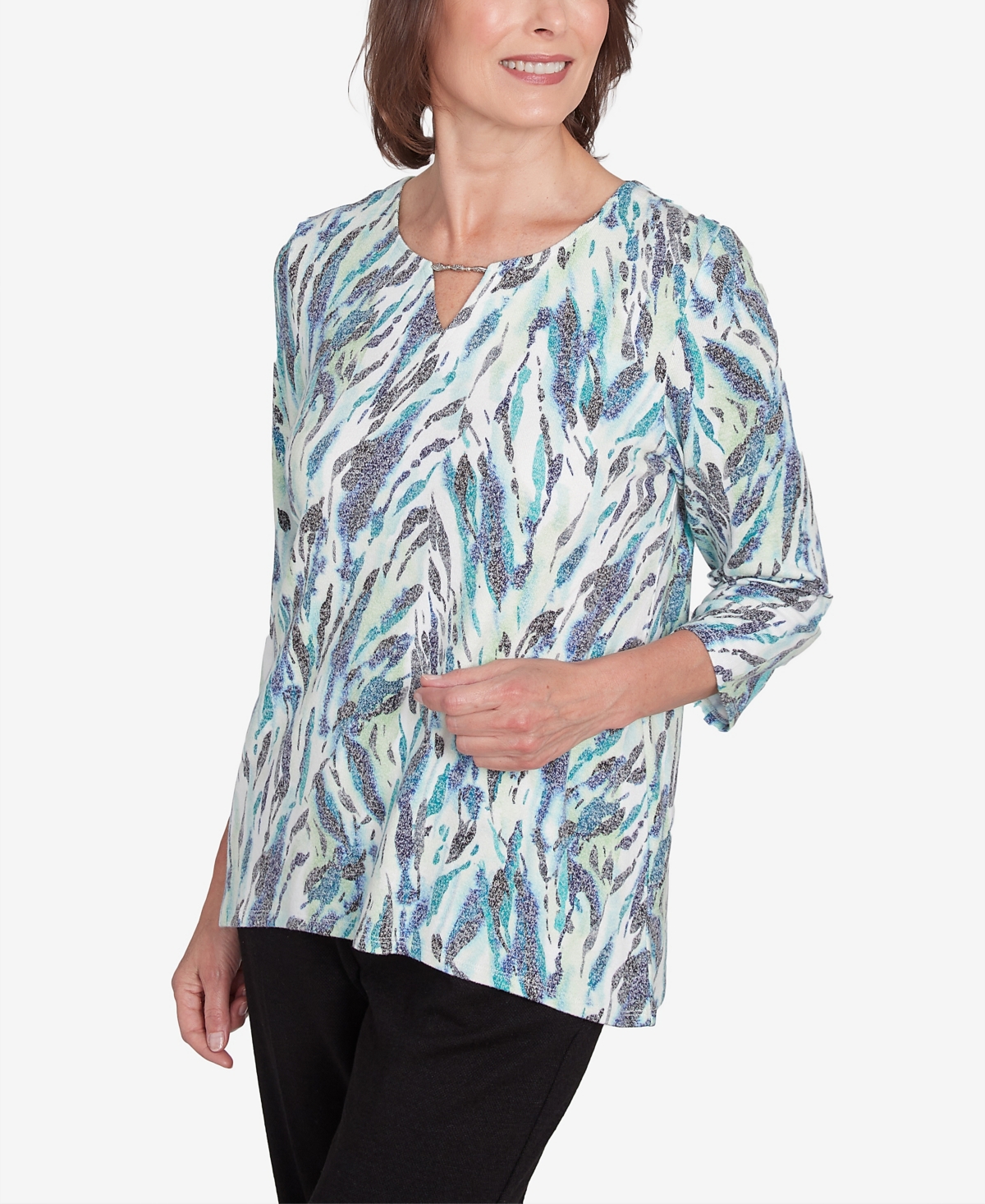 Alfred Dunner Plus Size French Quarter Teal Animal Print Split Neck Top In Multi Green