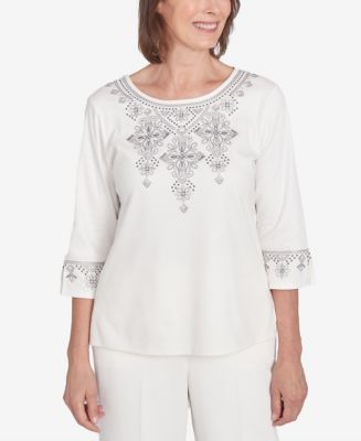 Alfred Dunner Petite Mykonos White Medallion Embroidery Top main image 0