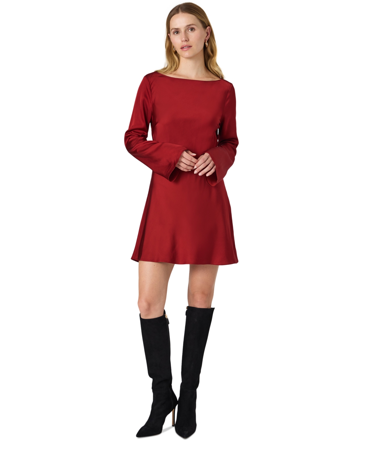 French Connection Ennis Long Sleeve Satin Minidress In Burgundy