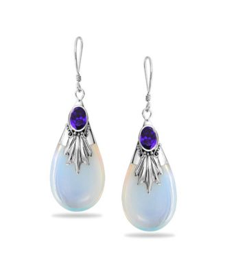 Boho Western Style CZ Fan Set Accent Rainbow Opalite Teardrop Dangle Earrings Fish Hook .925 Sterling