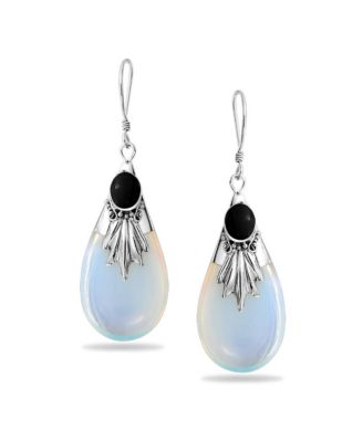 Western Style Rainbow Opalite Glass Teardrop Pear Shaped Dangle Earrings Sterling Silver Fish Hook
