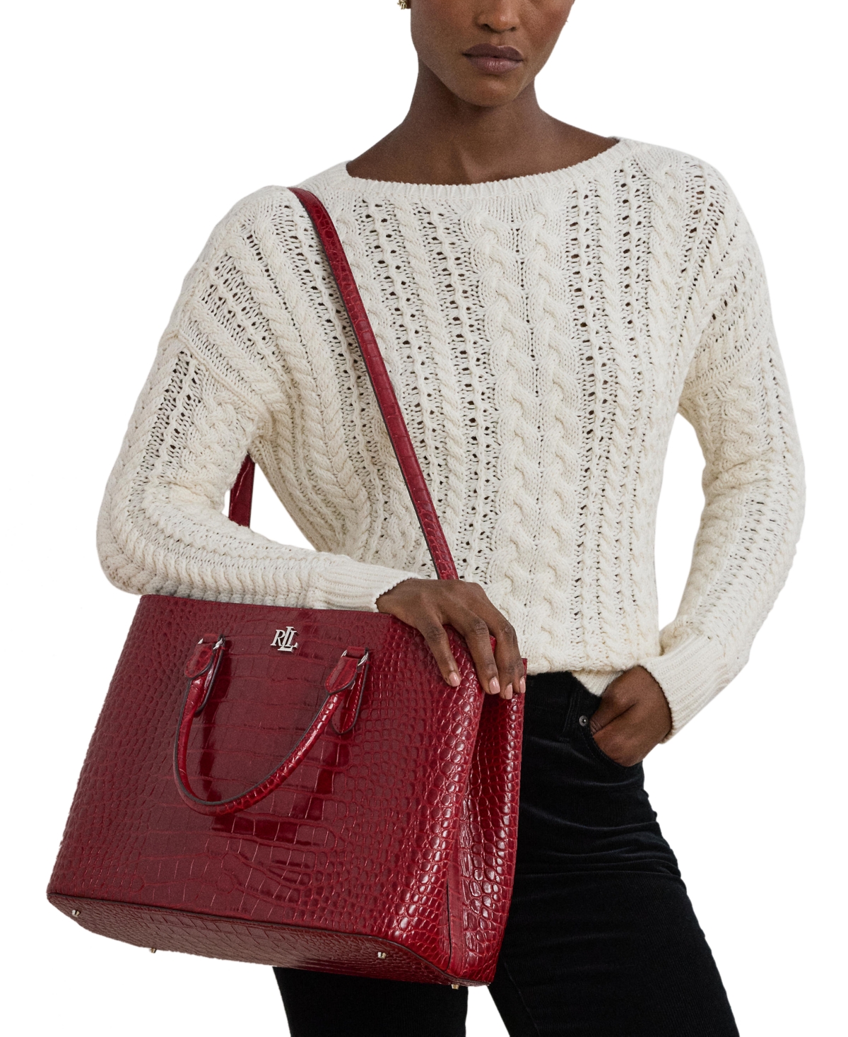 Ralph Lauren Marcy Large Embossed Leather Satchel In Festive Red