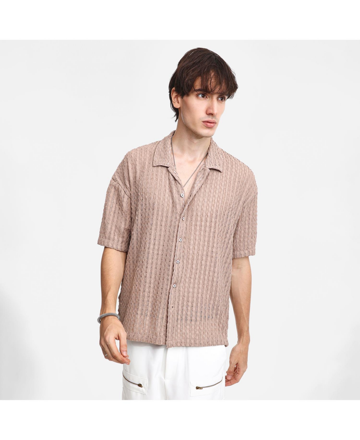 Men's Peanut Brown Striped Knit Oversized Shirt - Brown