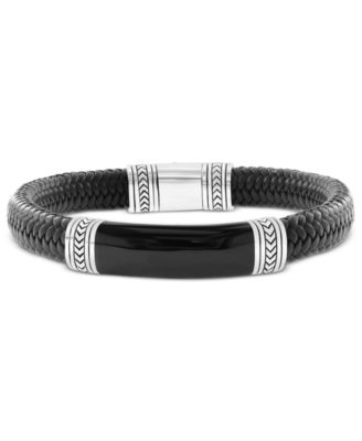 EFFY Collection - Men's Onyx & Woven Leather Bracelet in Sterling Silver