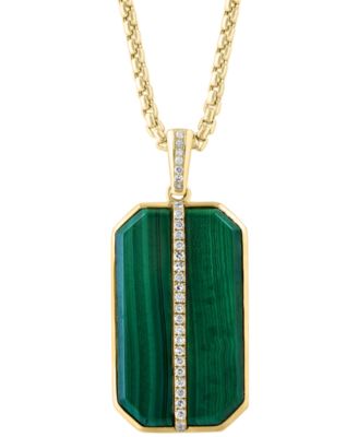 EFFY&reg; Men's Malachite & Diamond (1/6 ct. t.w.) Dog Tag 22" Pendant Necklace in Gold-Plated Sterling Silver