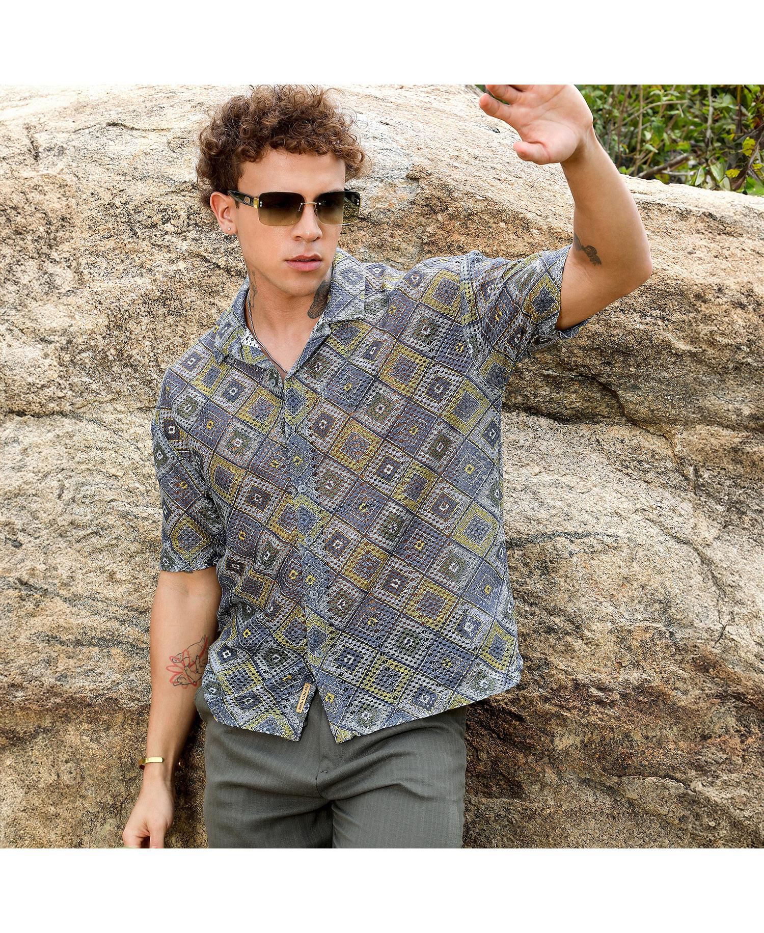 Men's Lapis Blue & Yellow Ochre Geometric Block Oversized Shirt