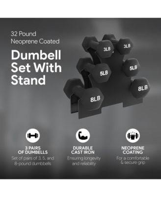 32 Pound Neoprene Coated Dumbbell Set with Stand, Black