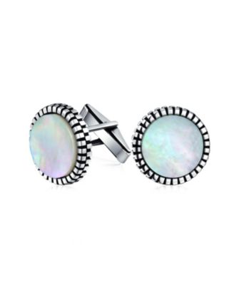 Classic Formal Geometric Blackened Pattern Edge Round Circle White Mother Of Pearl Shirt Cufflinks Bullet Hinge .925 Sterling Silver