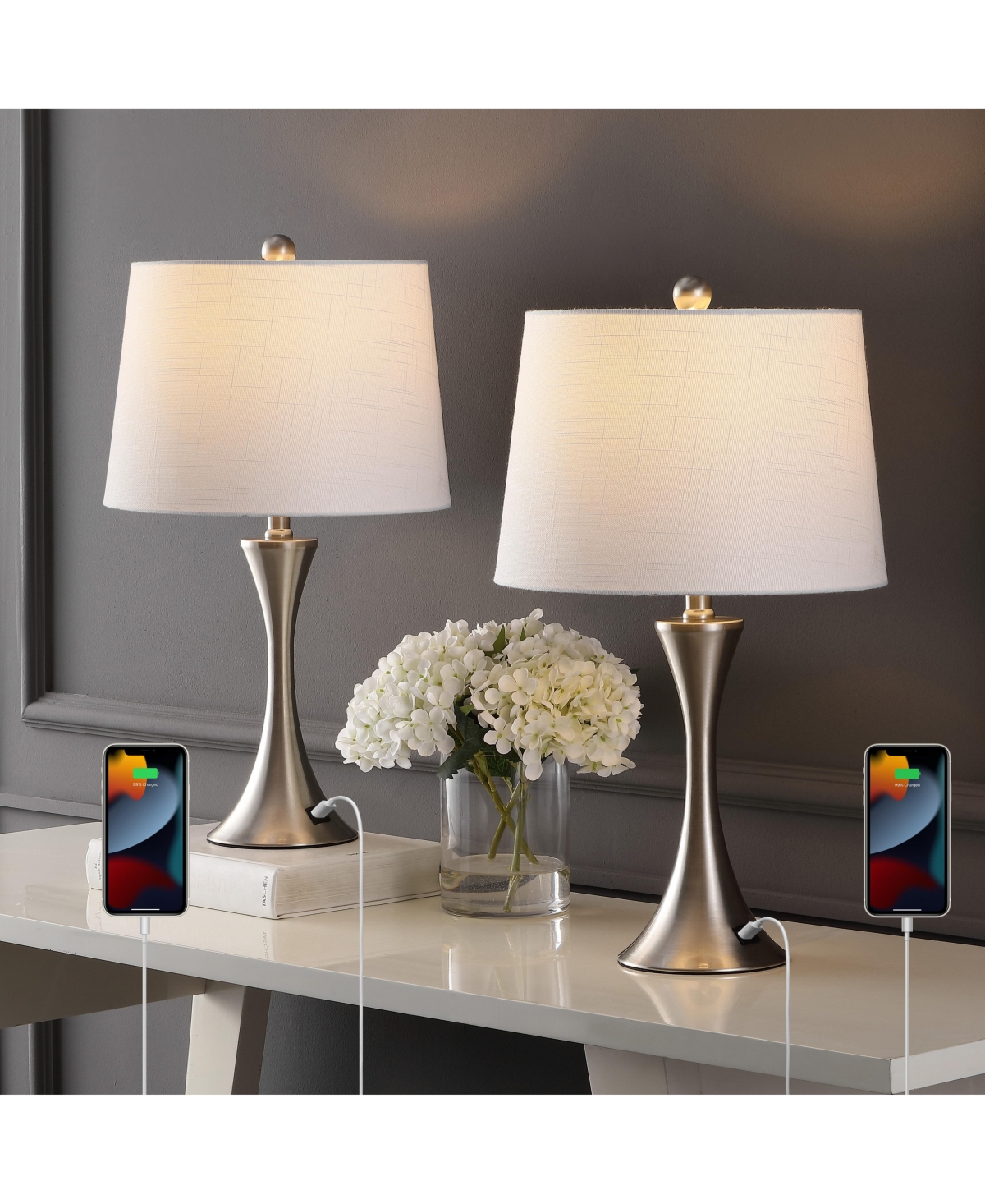 Jonathan Y Bennett 22.75" Modern Glam Iron Hourglass Led Table Lamp with Usb Charging Port, Nickel (Set of 2)