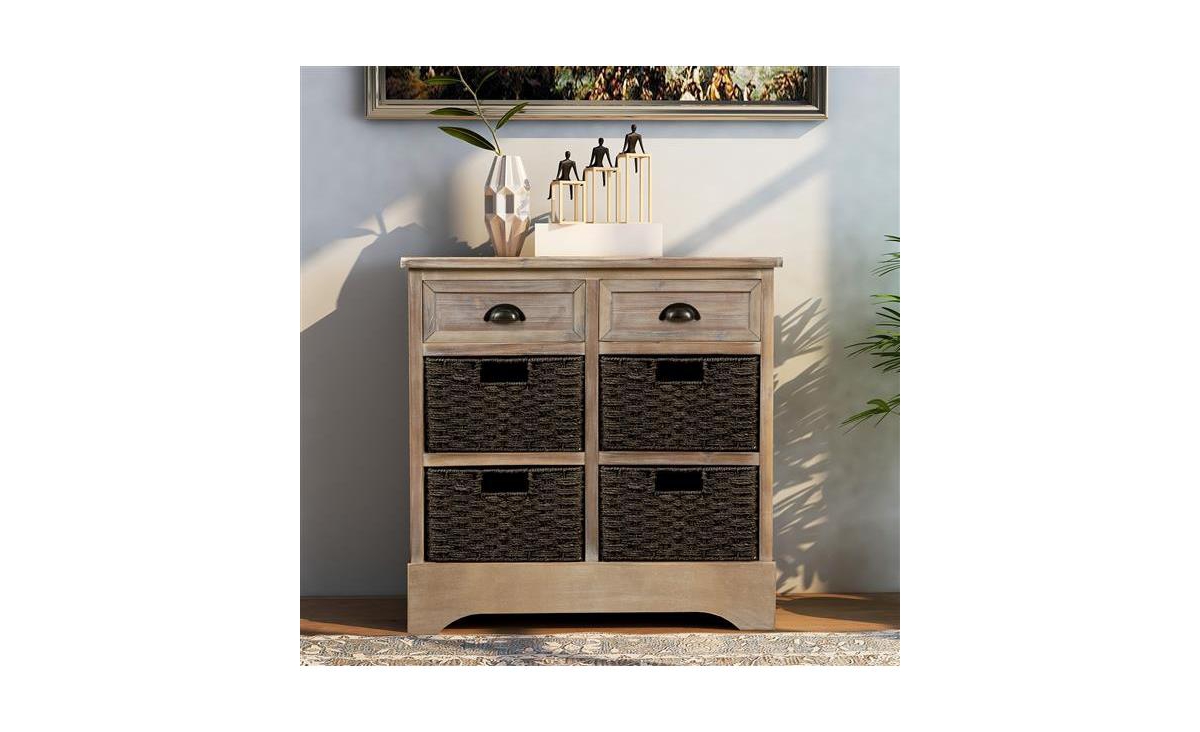 Slickblue Storage Cabinet with 2 Drawers and 4 Classic Rattan Baskets for Dining Room and Living Room