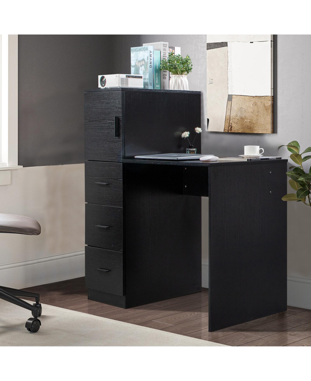 Slickblue Embossed Melamine H-Type Computer Desk with One Door, Three Drawers, 2 Usb Ports, and 2 Power Sockets
