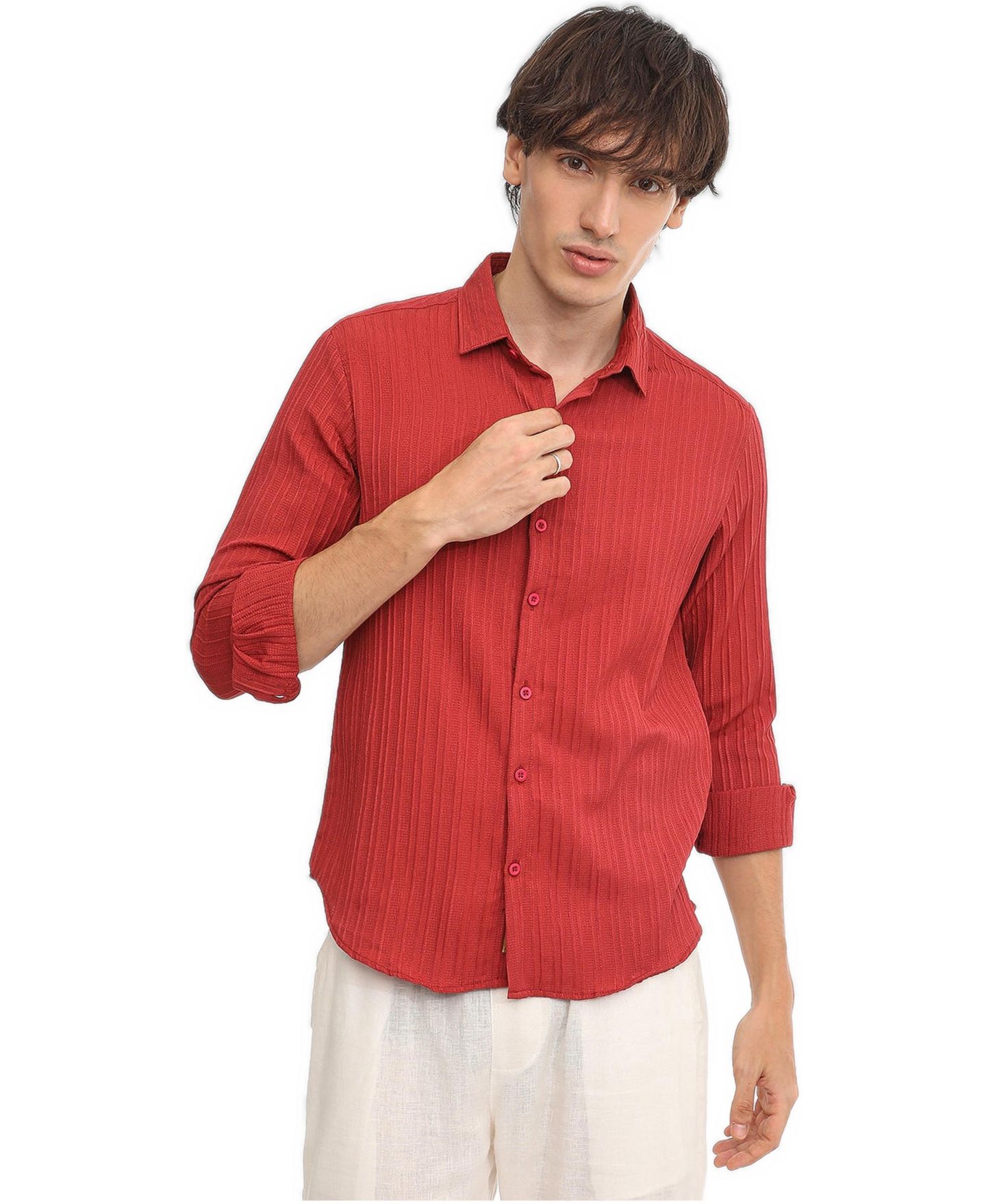 Мужская рубашка Cahoot Campus Sutra Cadmium Red Self-Design Striped, цвет: Красный — фото 1