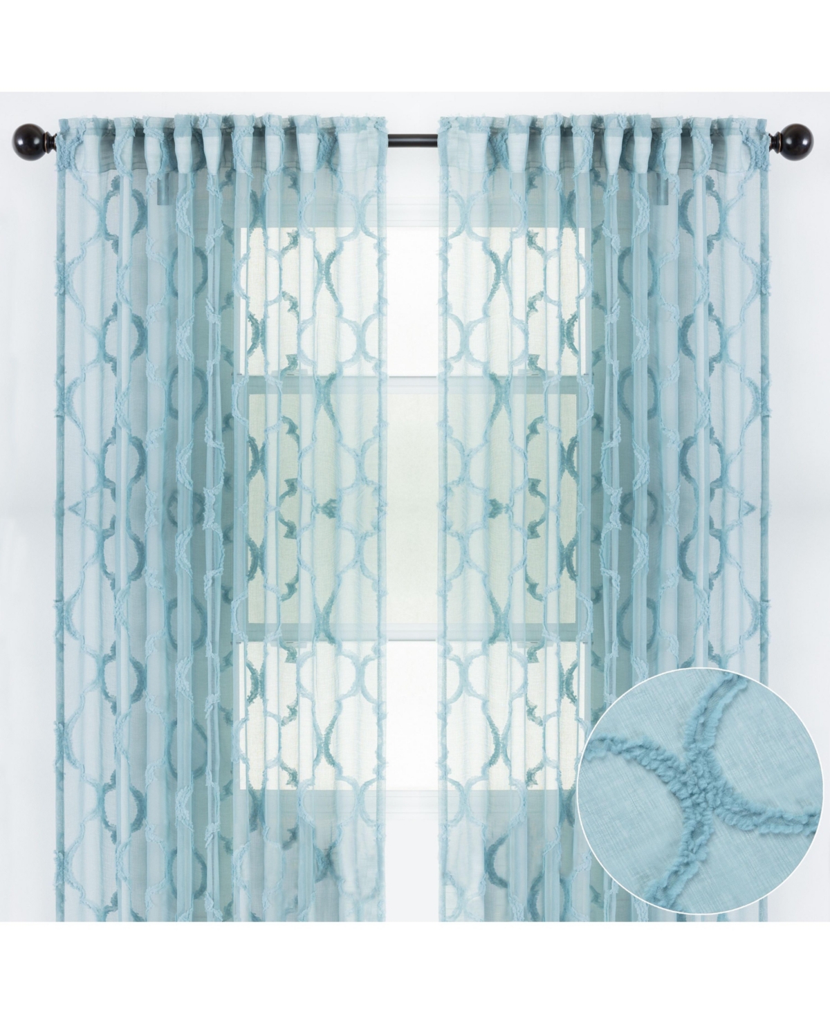Premium 2-Panel Moroccan Embroidered Design Textured Sheer Curtain Panels - for Windows Living Room Bedroom Kitchen Office - Translucent Wind