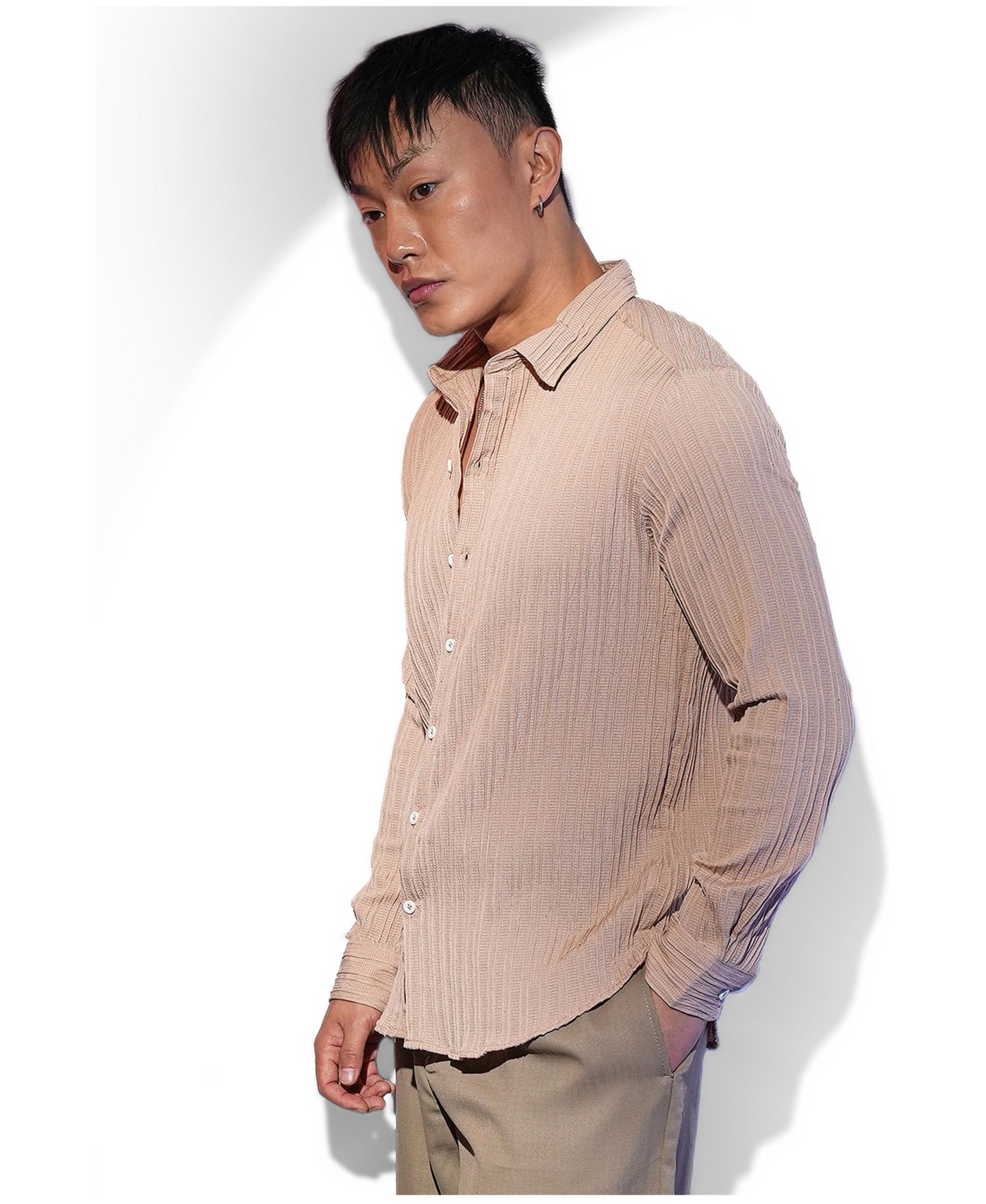 Мужская рубашка Cahoot Campus Sutra Light Beige Self-Design Striped, цвет: Бежевый / Хаки — фото 7