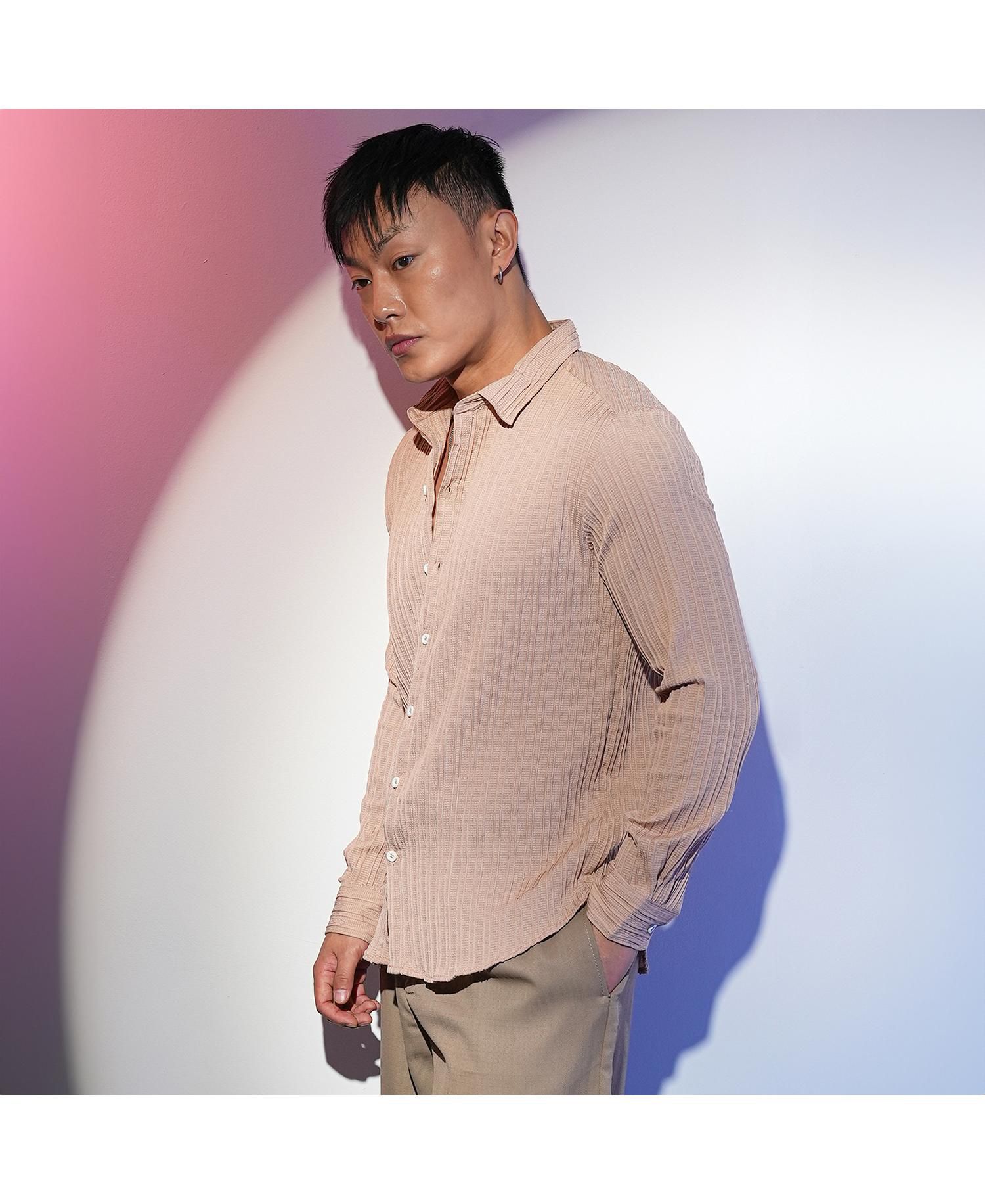 Men's Light Beige Self-Design Striped Shirt