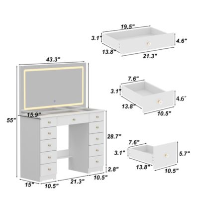 11-Drawer Vanity with 3 Color LED Mirror, Tempered Glass Countertop,Crystal Handle, Makeup Table,Chest