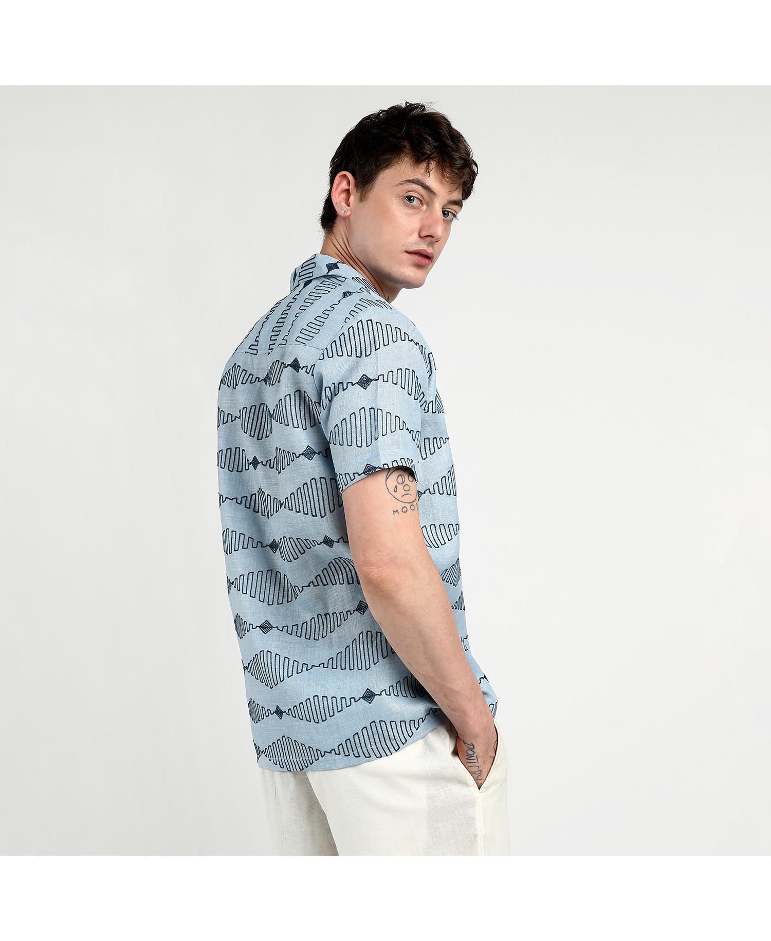 Men's Icy Blue Embroidered Geometric-Lined Shirt