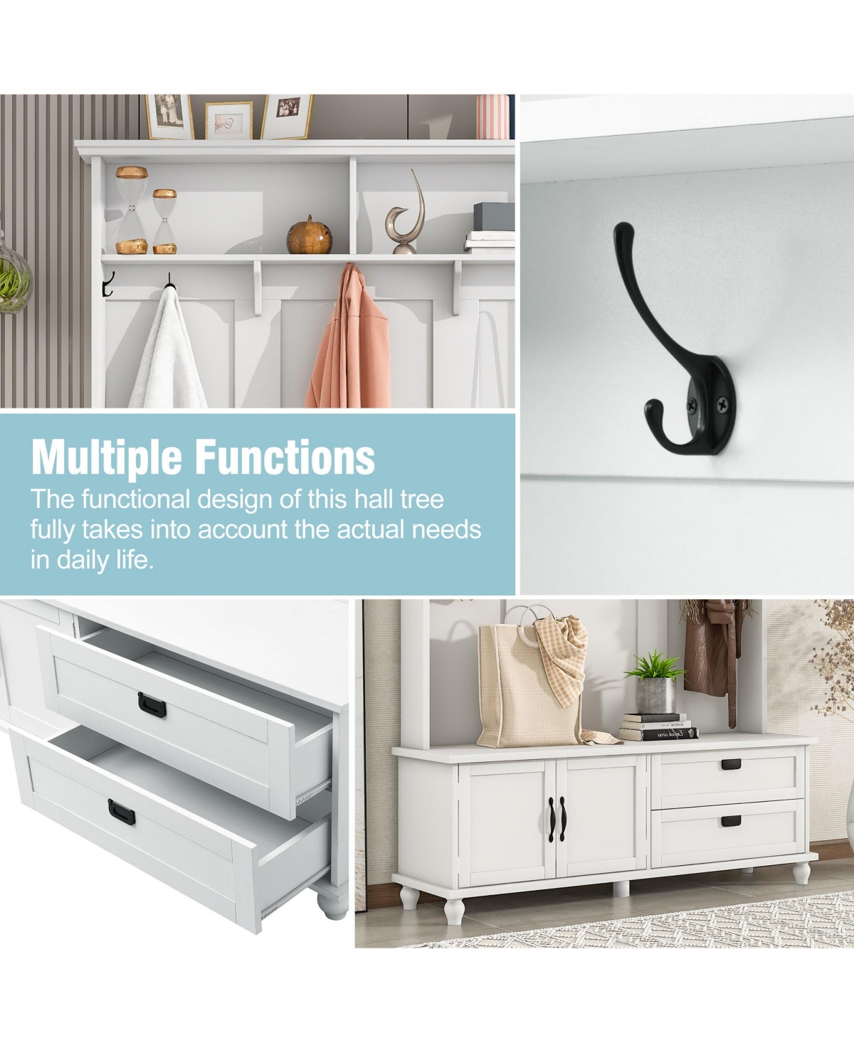 Slickblue Modern Hall Tree with Storage Cabinet & 2 Large Drawers: Wide Mudroom Bench with 5 Coat Hooks -- White